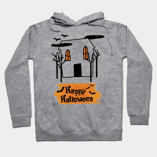 Haunted House Halloween Cute Doodle, Halloween Trick Treat Spooky Creepy Pumpkin Concept, Scary Trees And Flying Bats Transparent Graphic Design Hoodie by Modern Art